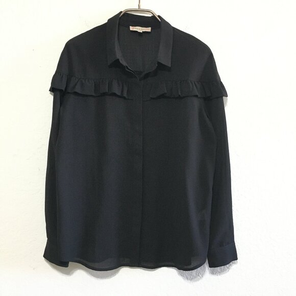 Paul & Joe Sister Black Flowy Semi-Sheer Blouse Size 3 Button Down Collar Ruffle - Picture 1 of 14